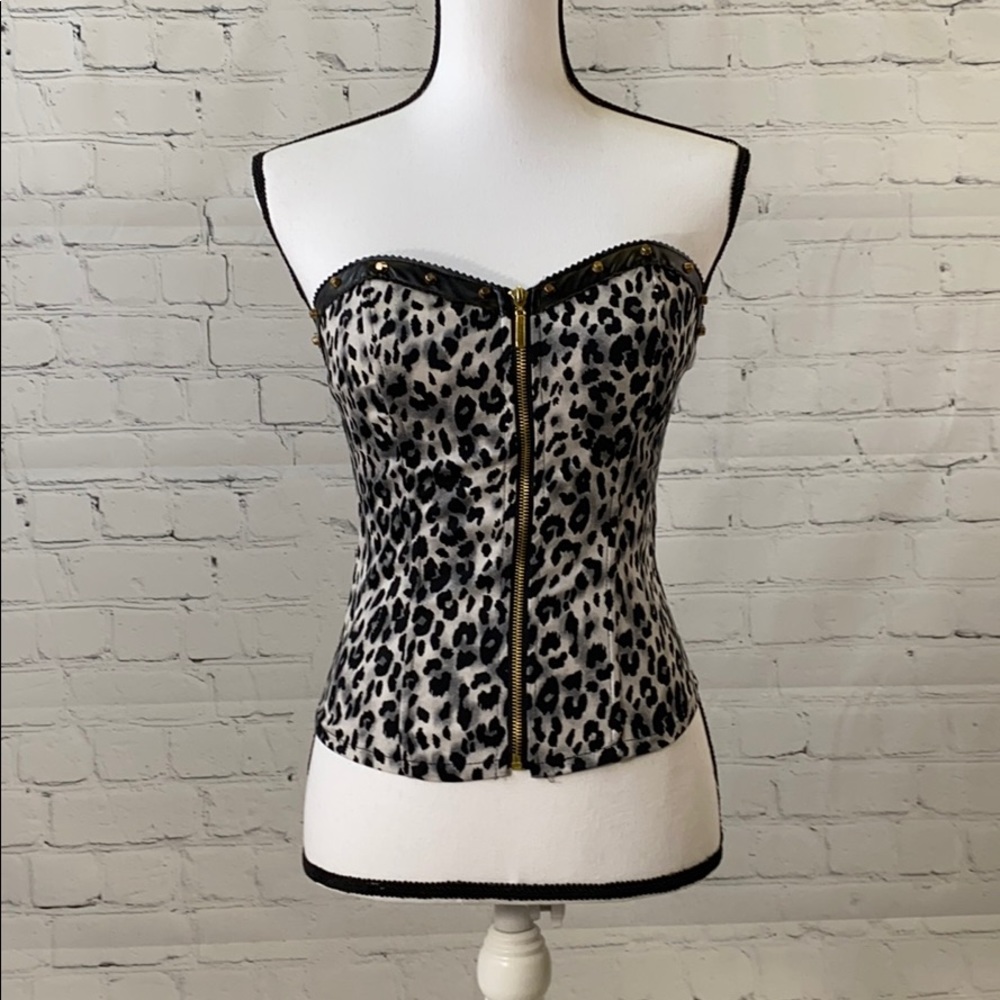 Studded Zip Up Cheetah Print Strapless Top